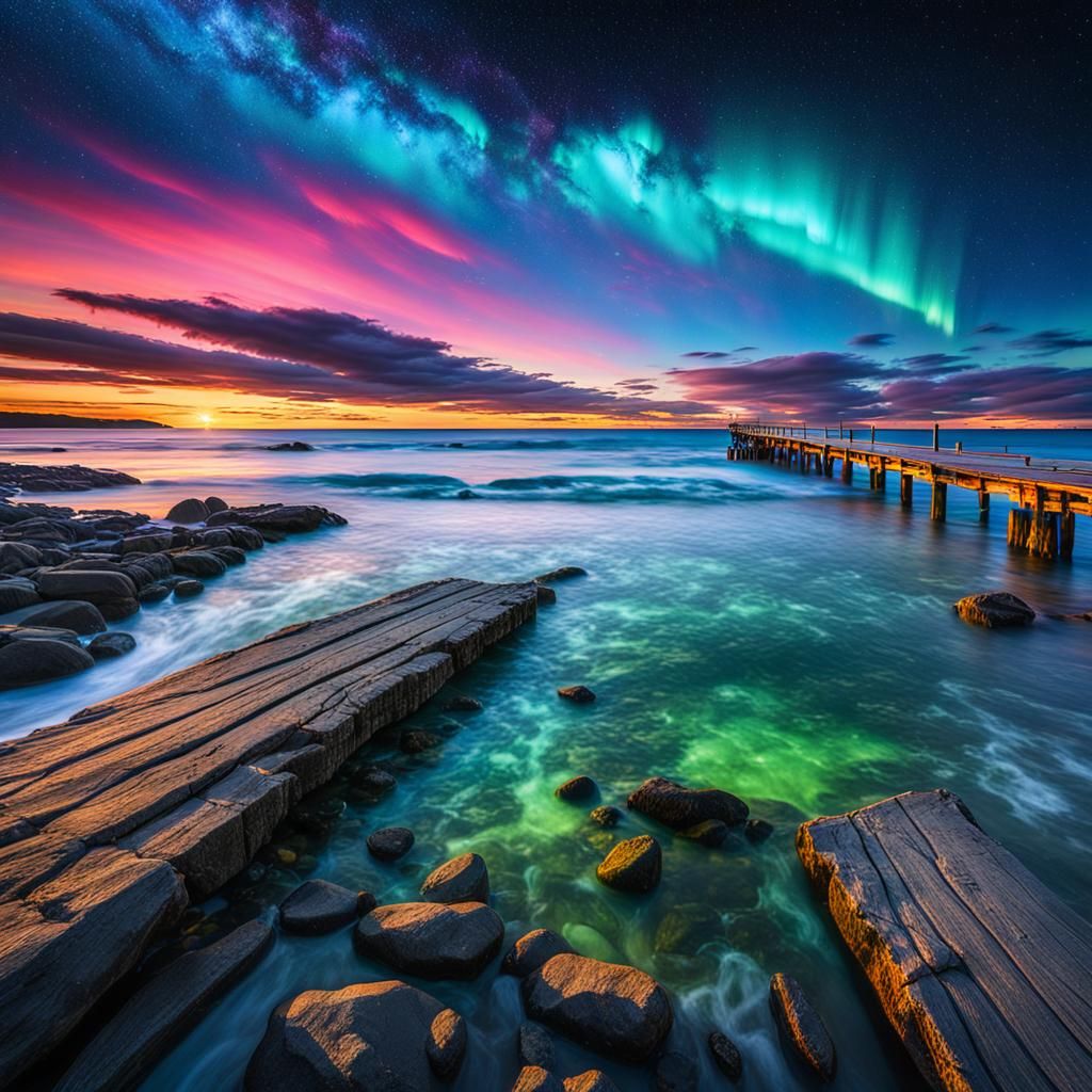 Vibrant Sunset Seascape with Aurora Borealis Colors