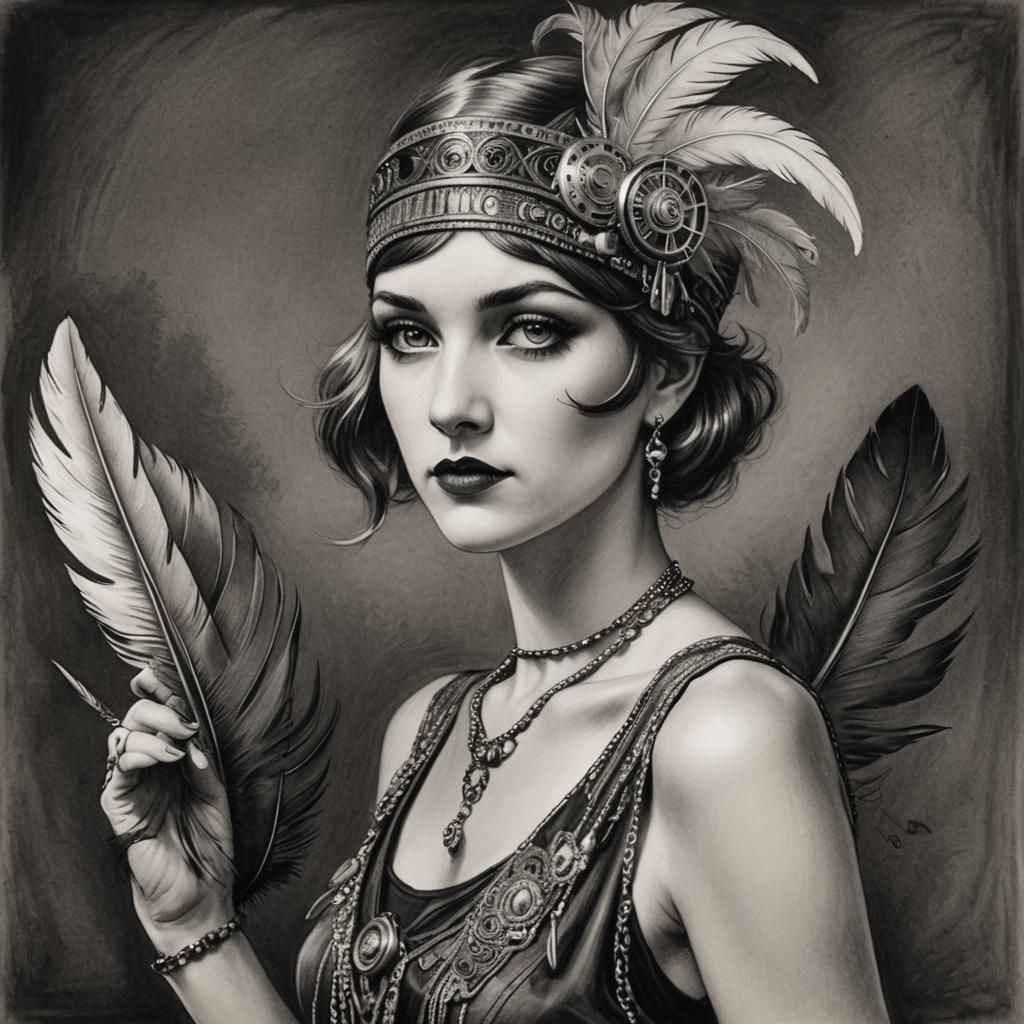 1920s Flapper Portrait with Steampunk Engine Detail