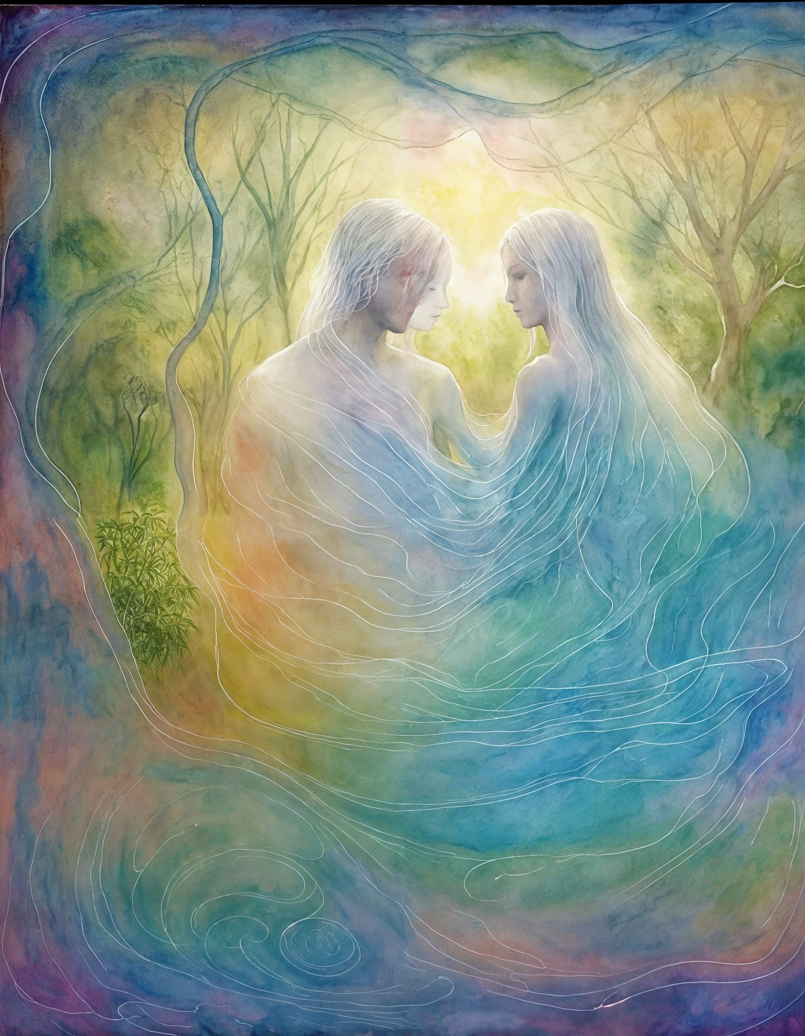 Adam and Eve in Eden: Abstract Watercolor Painting