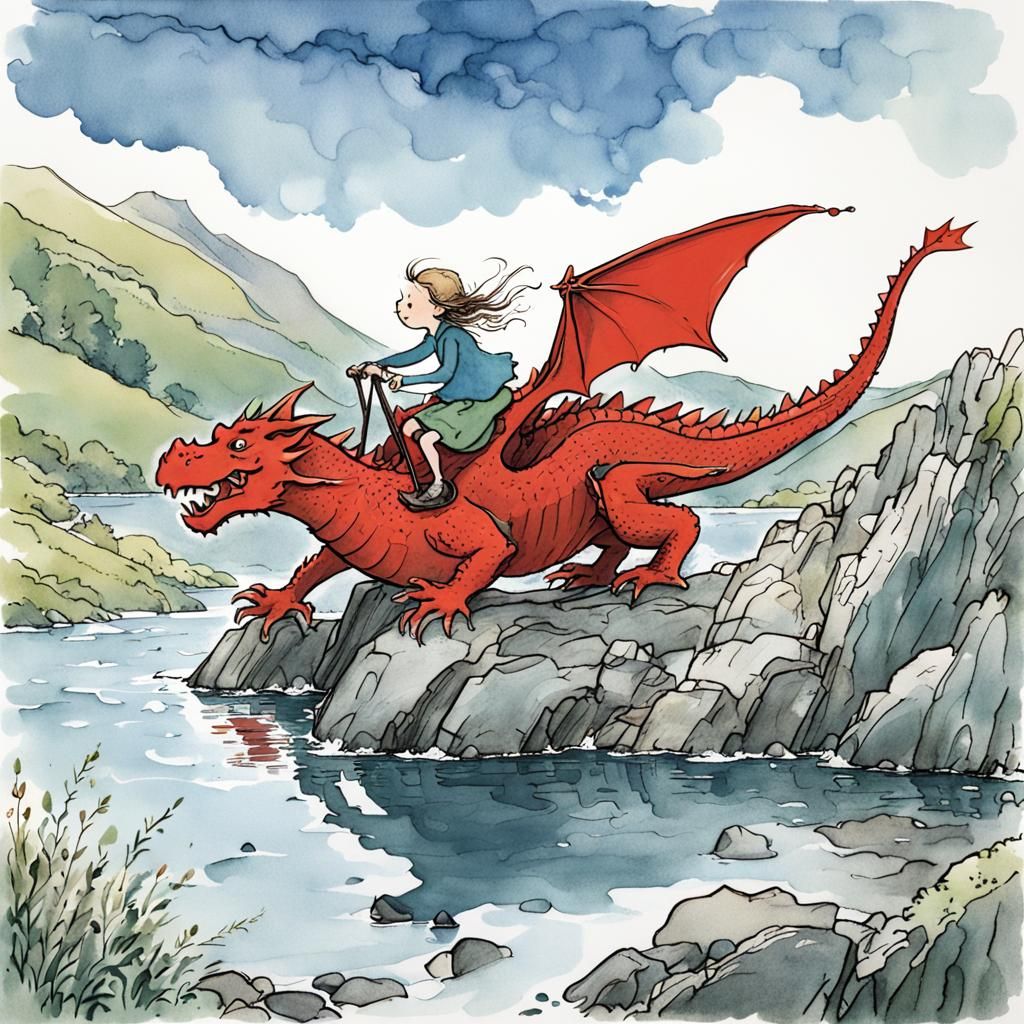 Girl Rides Dragon Through Lake District, Quentin Blake Style
