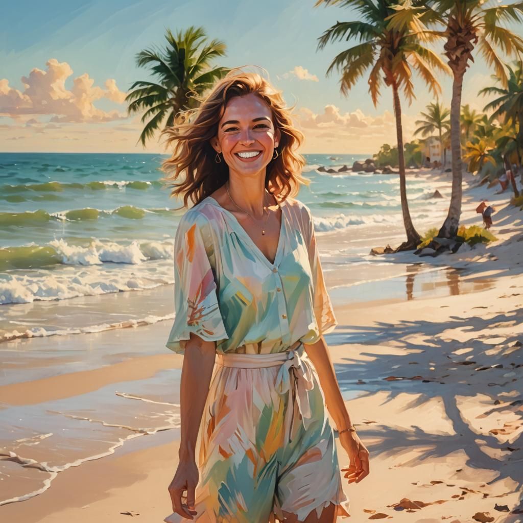 Woman Smiling on Florida Beach in Impressionism Style