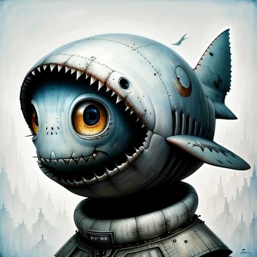 Surreal Shark Spaceship Landing in Birch Forest