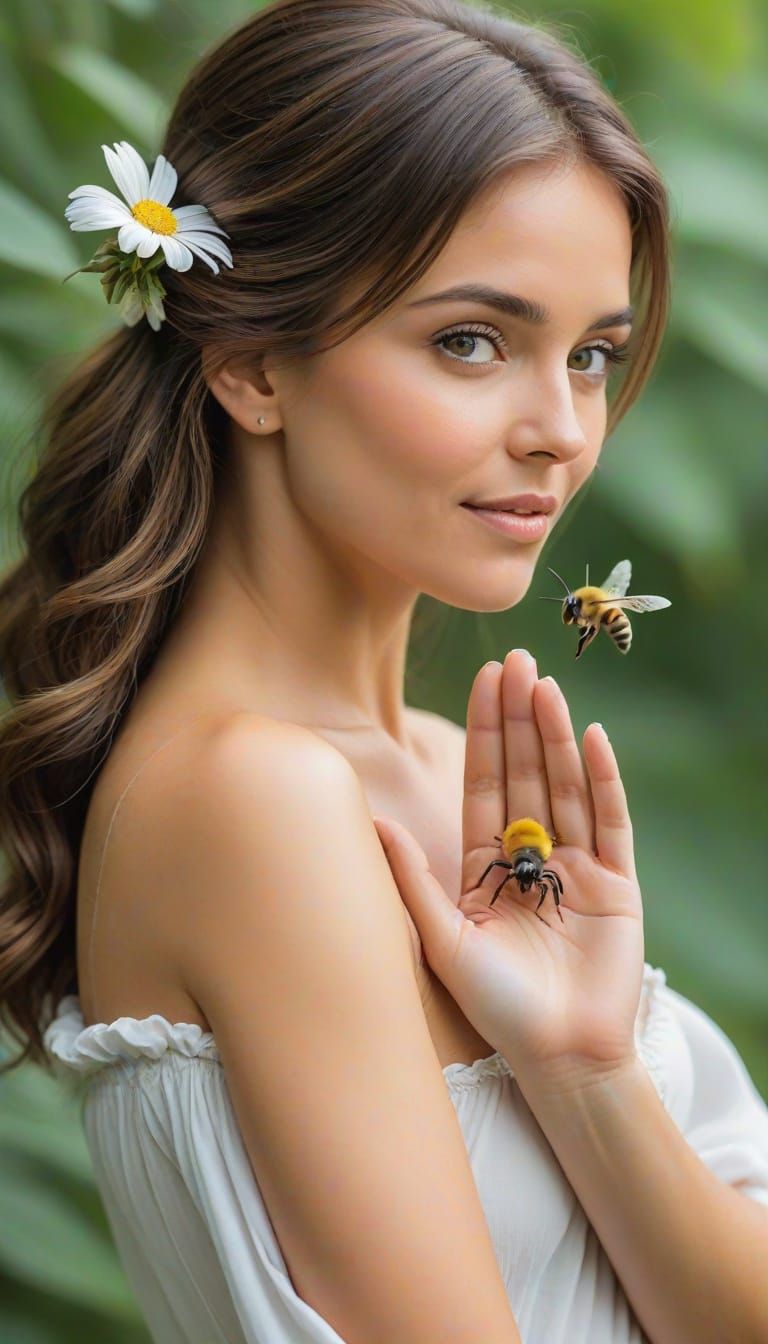 Woman and Bee in Delicate Balance