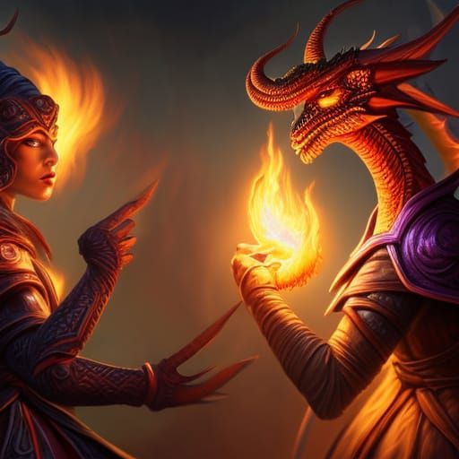Tiefling and Mindflayer Prepare to Battle Fire Dragon