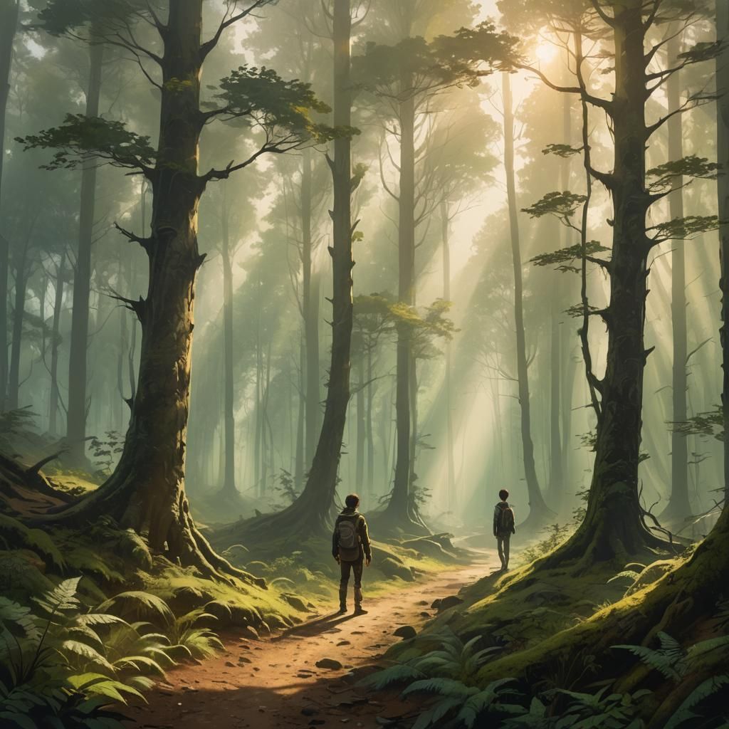 Young Explorer in Misty Forest: Concept Art