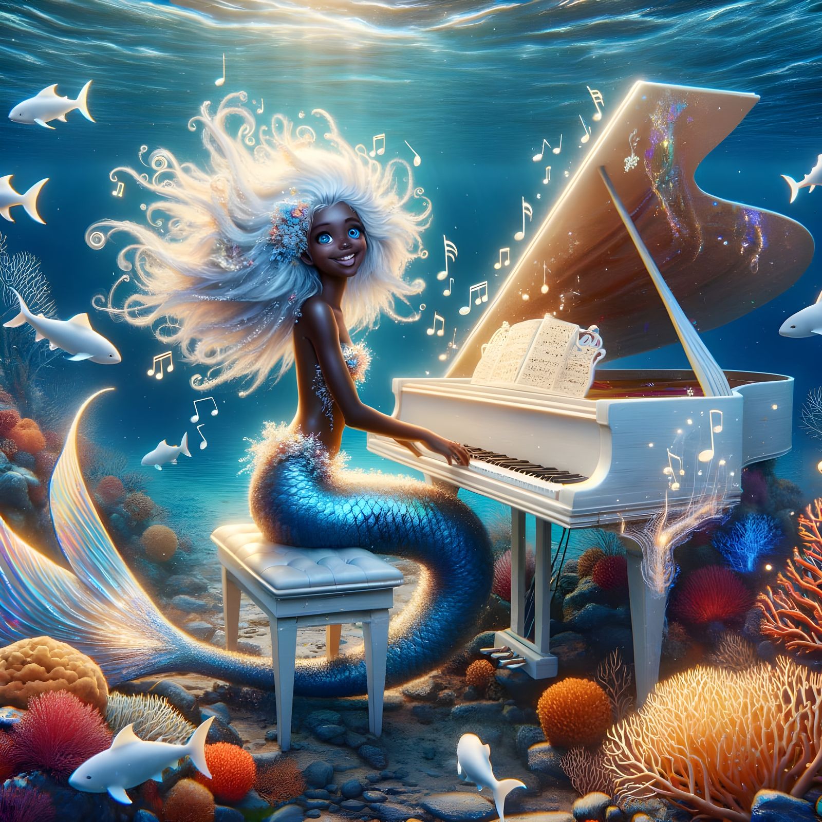 Enchanting Mermaid Plays Piano Amidst Vibrant Coral Reef in ...
