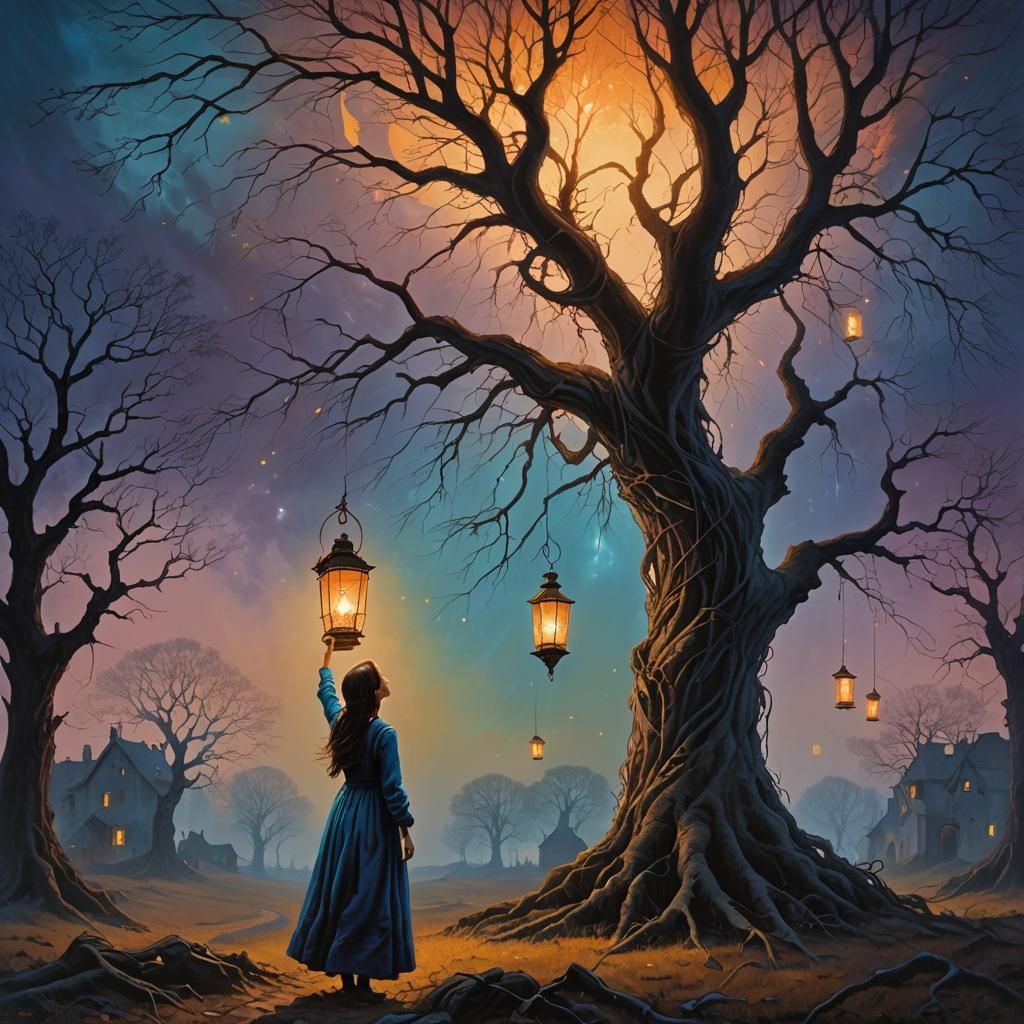 Magical Tree Connects Girl to Sky: Fantasy Art