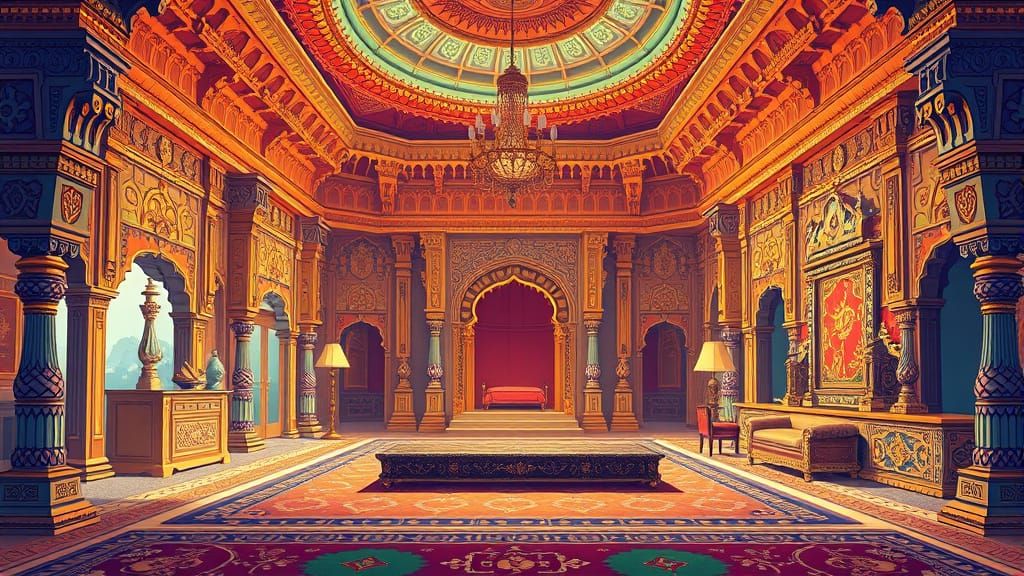 Ancient Indian Royal Bedroom in Vibrant Cartoon Style