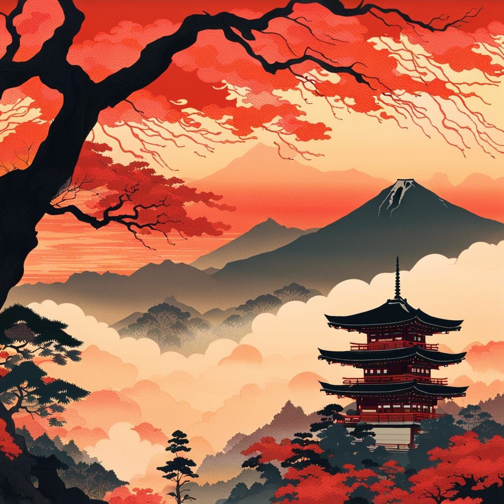 Japanese City Sunset in Ukiyo-e Style