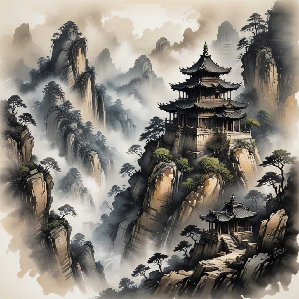 Ancient Temple Emerge from Misty Peaks in Timeless Indian In...