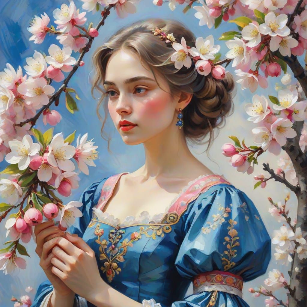 Russian Woman with Apple Blossoms in Impressionist Style
