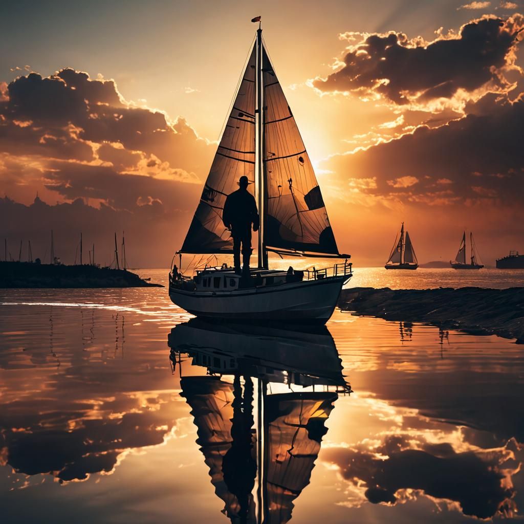 Sunset Sailor Silhouette with Double Exposure Effect