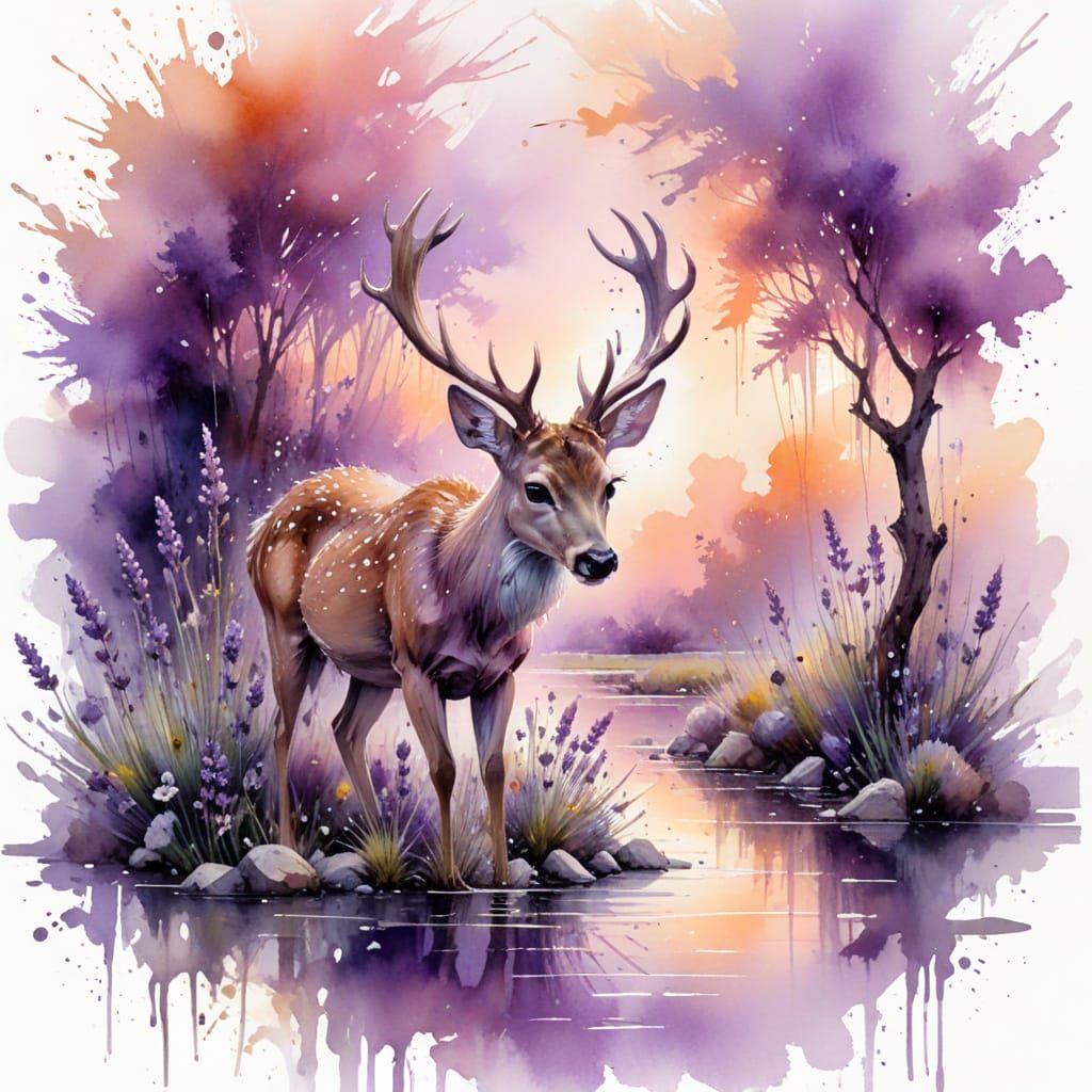 Deer in Lavender Meadow: Ethereal Watercolour Art