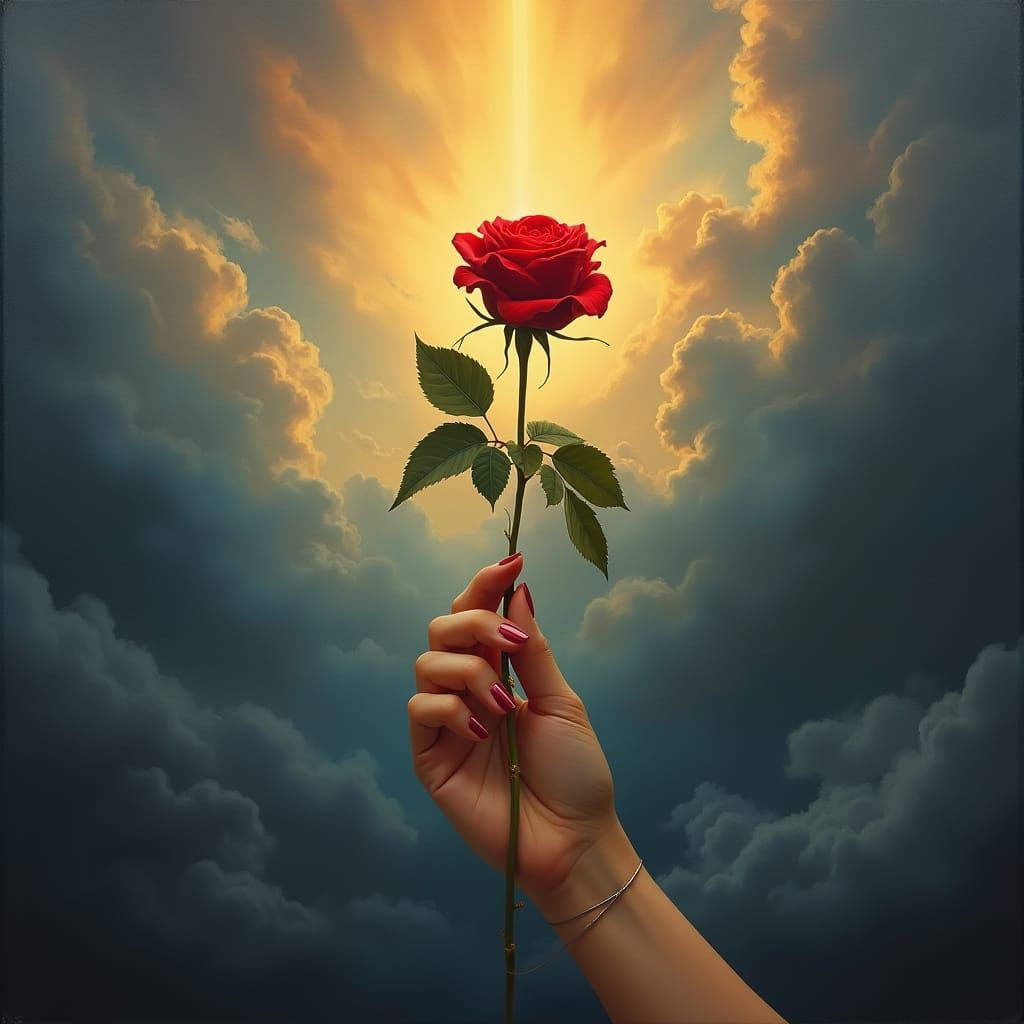 Woman's Hand Holds Red Rose Under Dramatic Sky