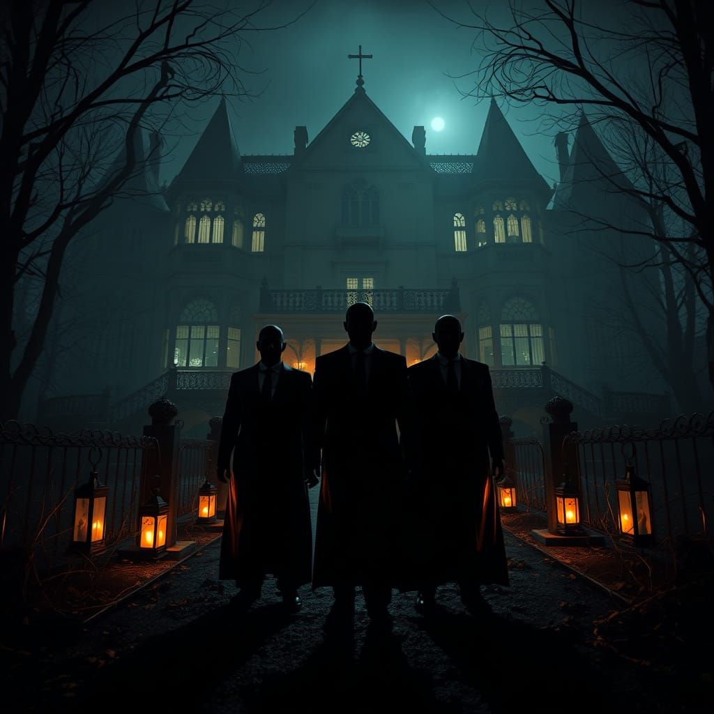 Men in Black Stand Guarding a Creepy, Abandoned Mansion