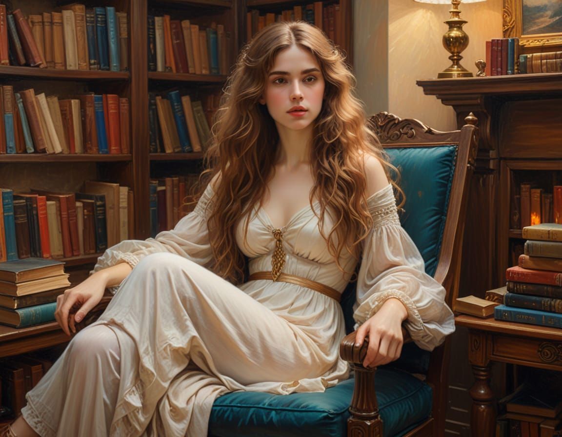 Woman Reading in Book-Filled Room, Romanticism Oil Painting