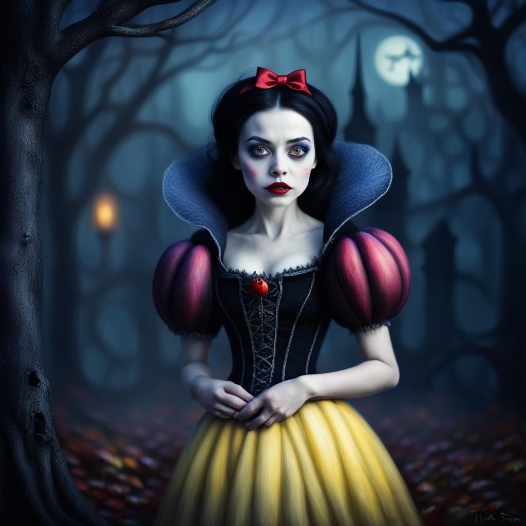 Gothic Snow White in Halloween Town Storybook Illustration