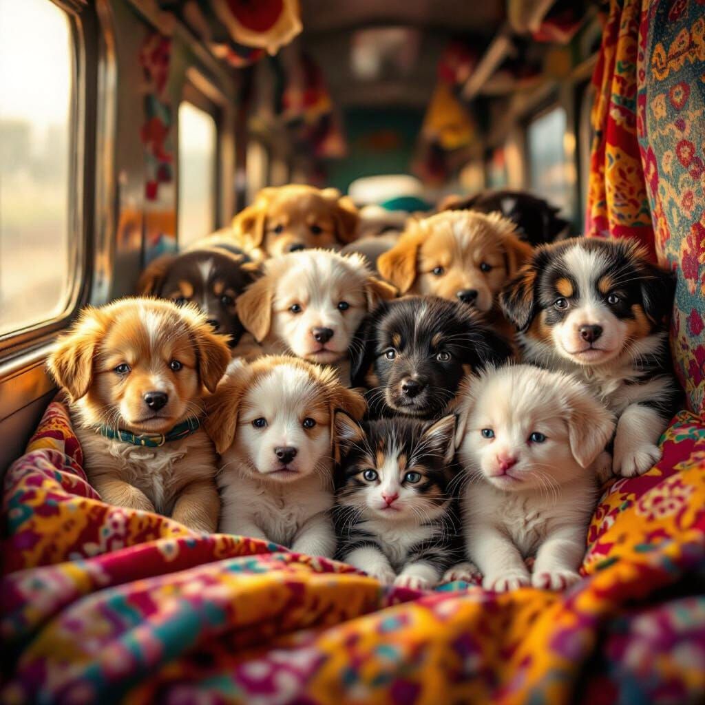 Puppies and Kittens Pack Indian Train in Vibrant Style
