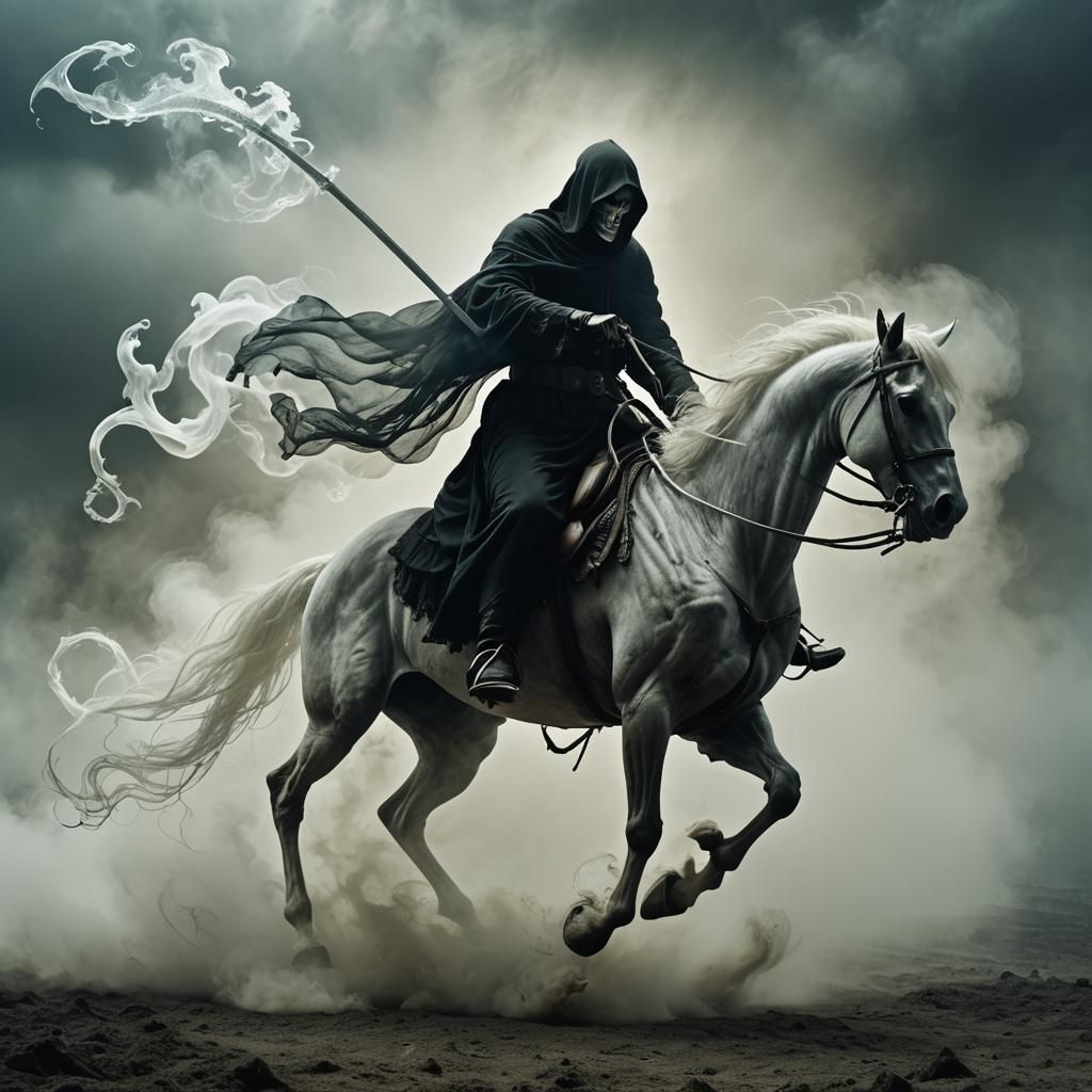 Ethereal Grim Reaper on Skeletal Horse in Surrealism