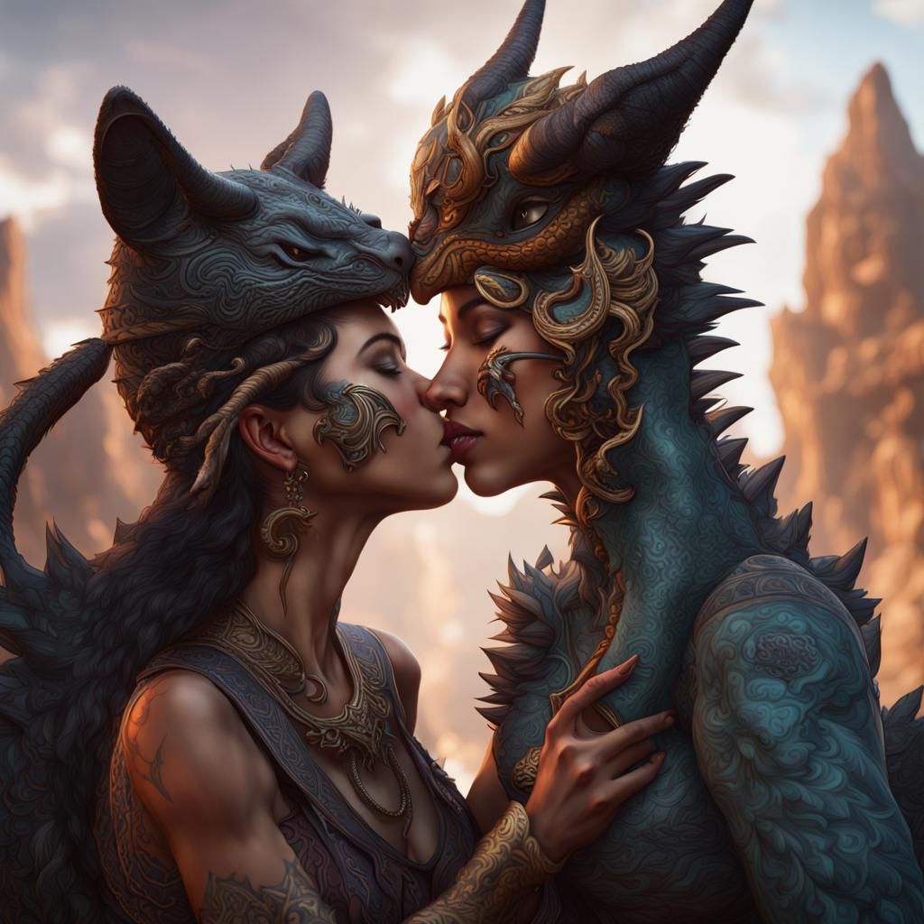 Dragon and Cat Lady Kissing: Fantasy Art