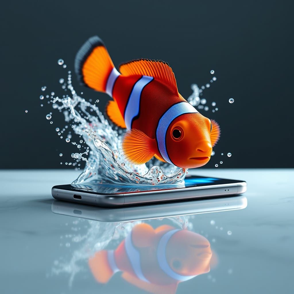 Vibrant Clown Fish Leaps from Cellphone Screen in Underwater...