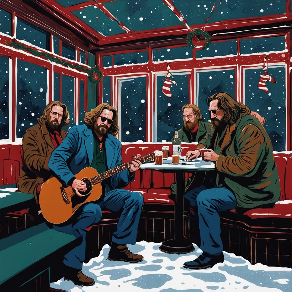 The Big Lebowski Plays Guitar in Snowy Diner