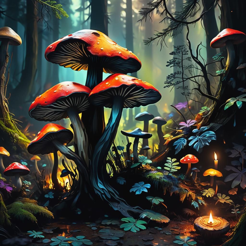 Mystical Black Mushroom in Forest: Abstract Expressionism