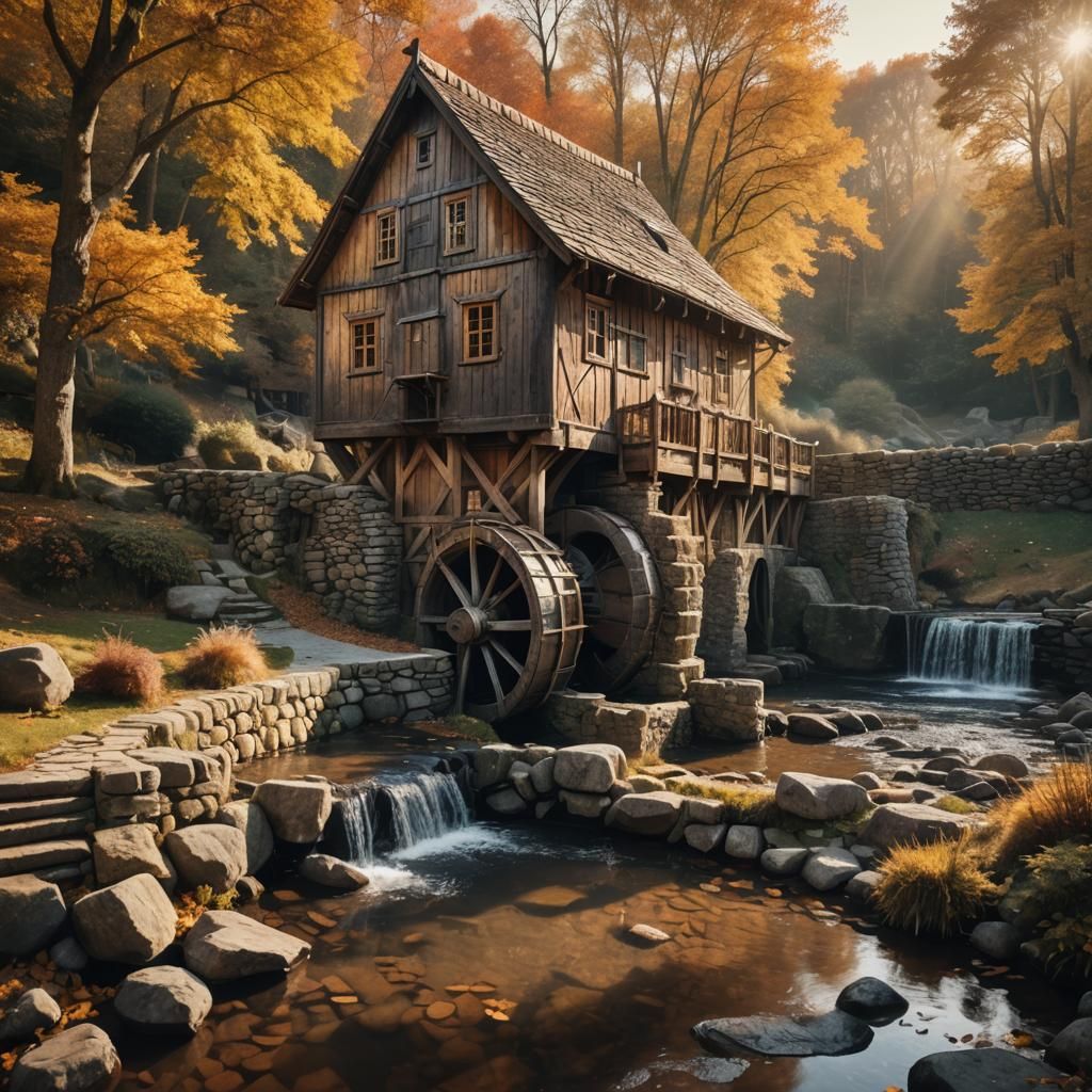 Fantasy Watermill Landscape in Autumnal Colors