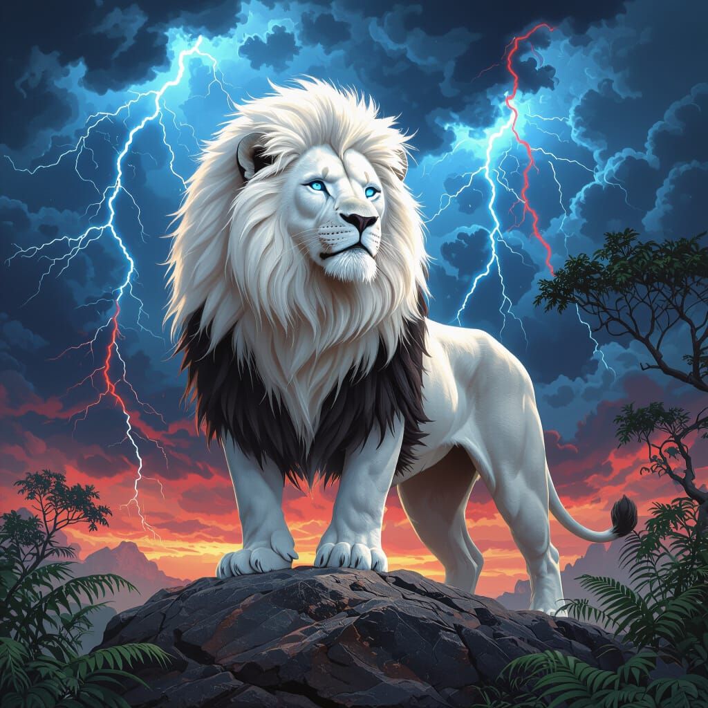 Majestic White Lion Overlooking Jungle Realm