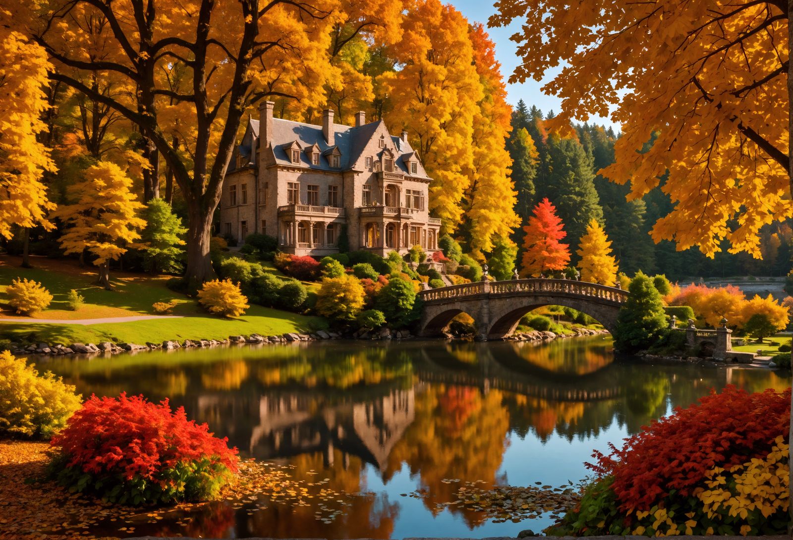 Autumnal Mansion by River in Hyperrealistic Style