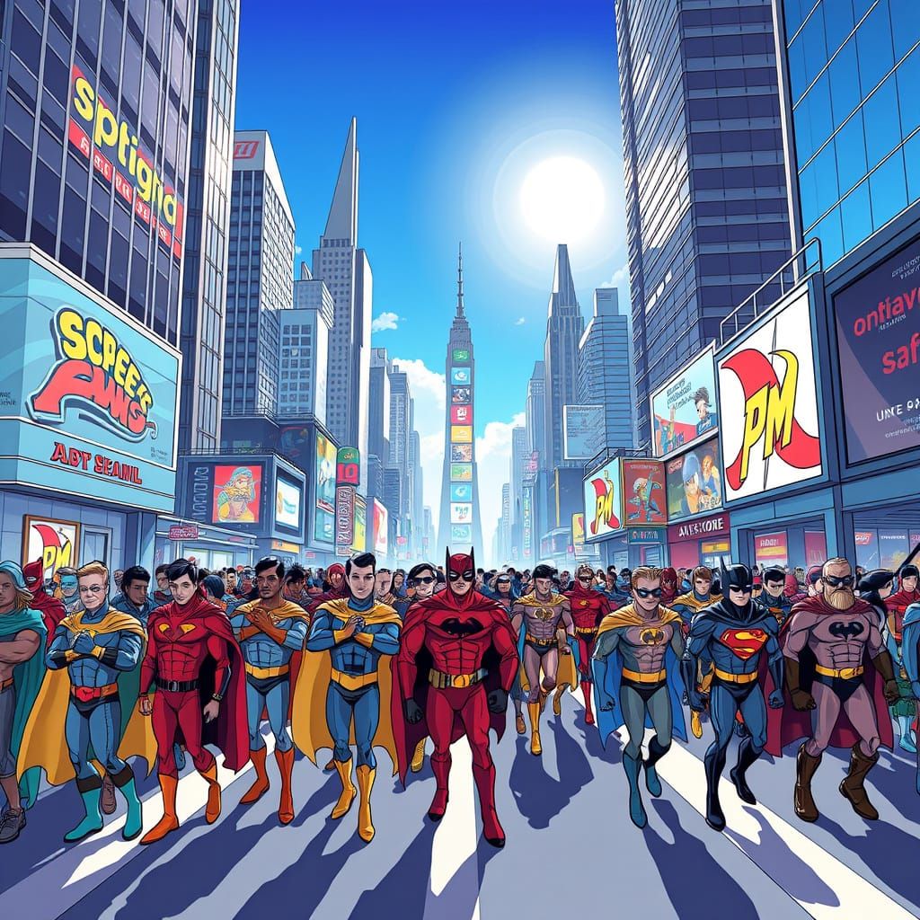 Vibrant Superhero Pedestrians in Futuristic City