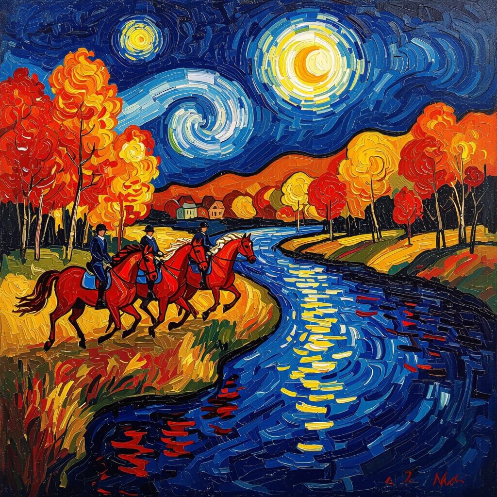 Red Horses Galloping in Van Gogh Impasto Style