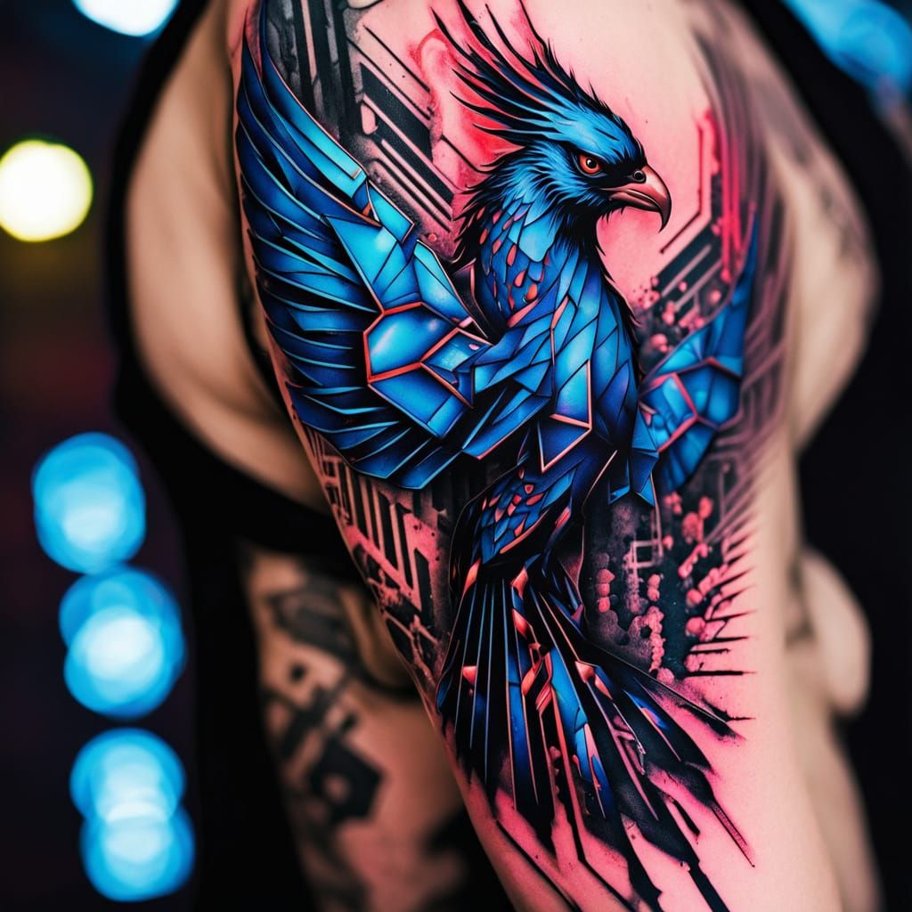 Phoenix Tattoo in Trash Polka Cyberpunk Style