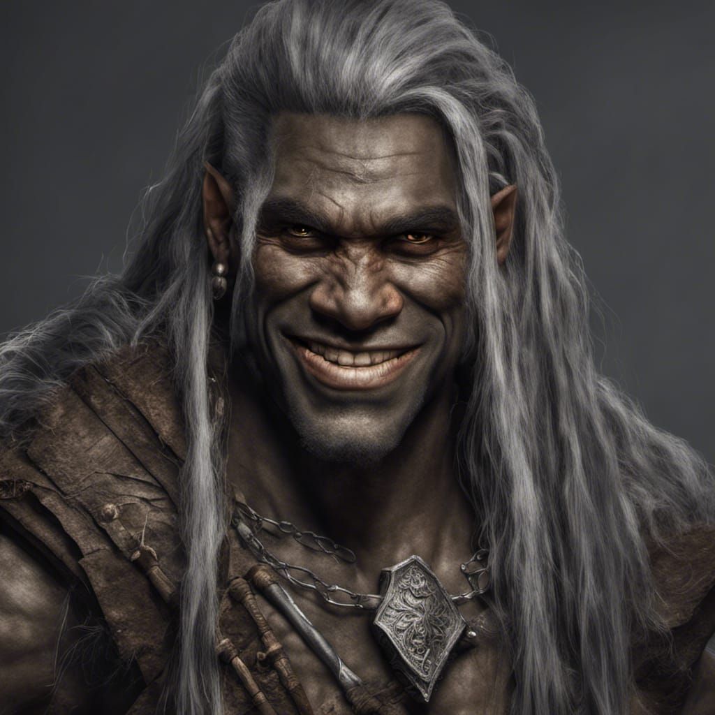 Hyperrealistic Half-Orc Barbarian with Silver Hair