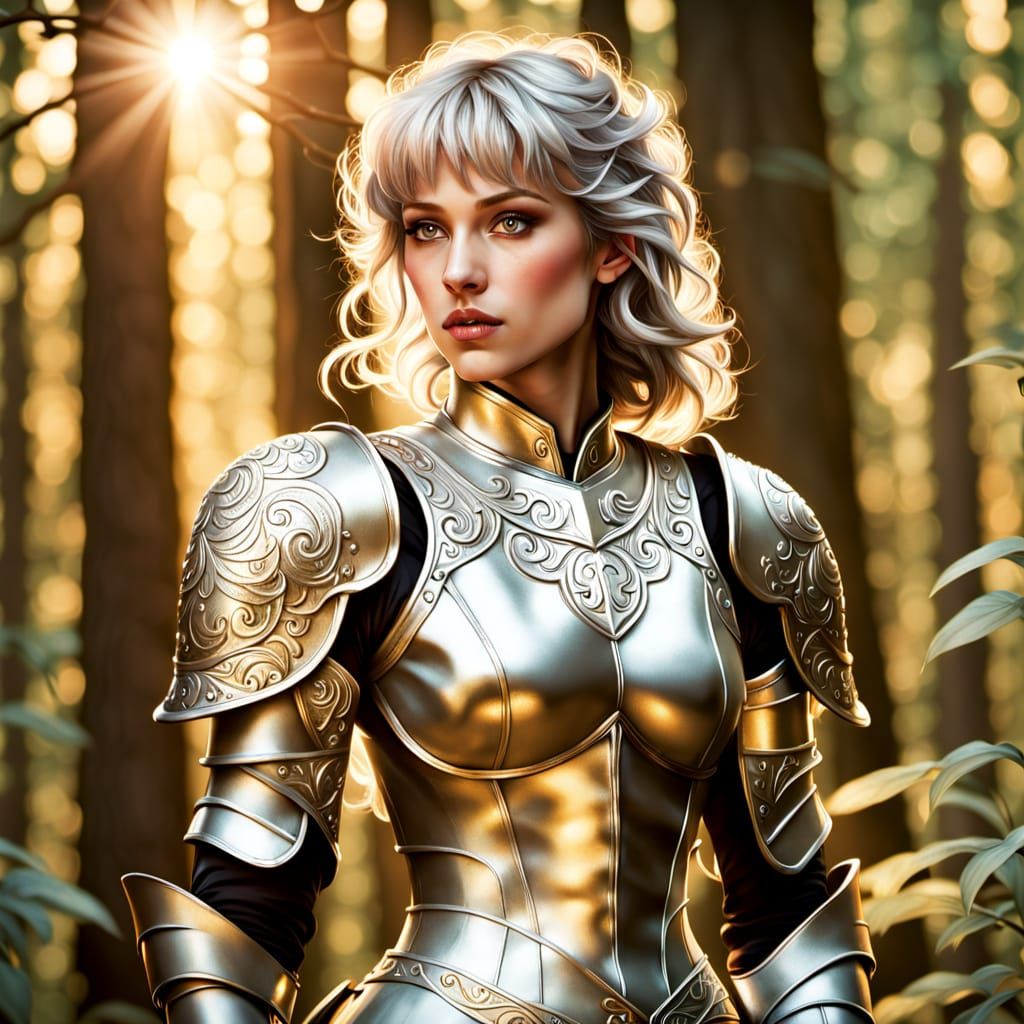 Non-Binary Knight in Silver Armor, Art Nouveau Style