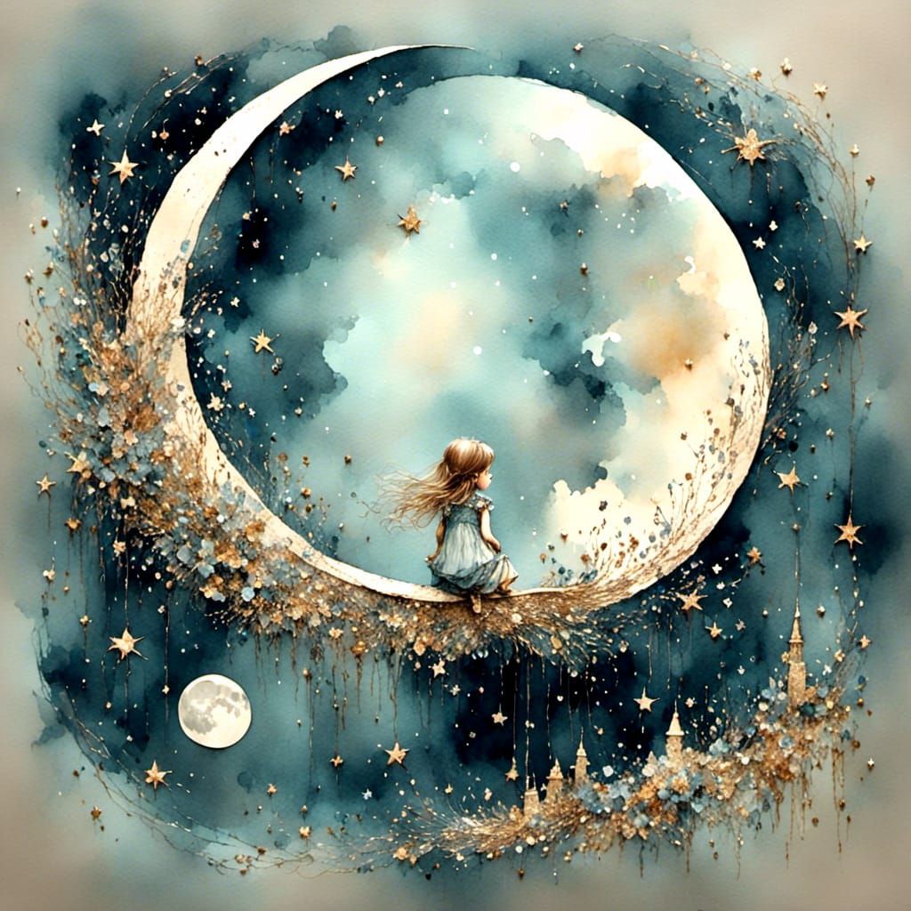 Girl on Moon Gazing at Stars