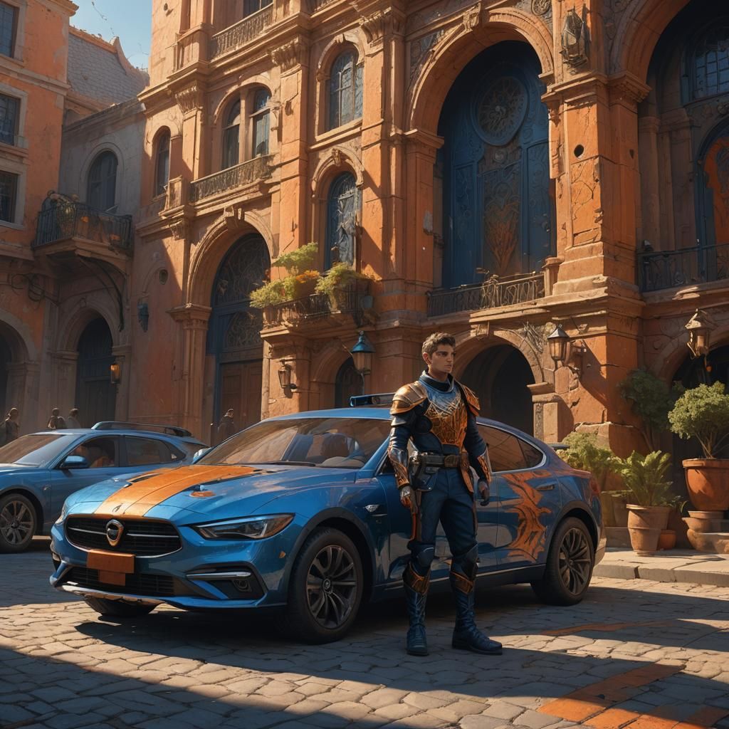 Fantasy Boy with Guard and Blue Car