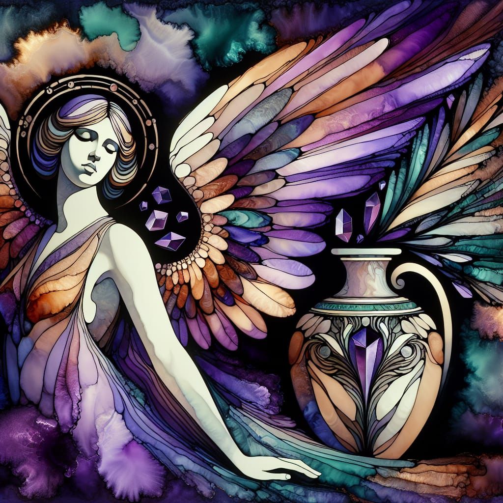 Art Nouveau Angel with Asymmetrical Wings