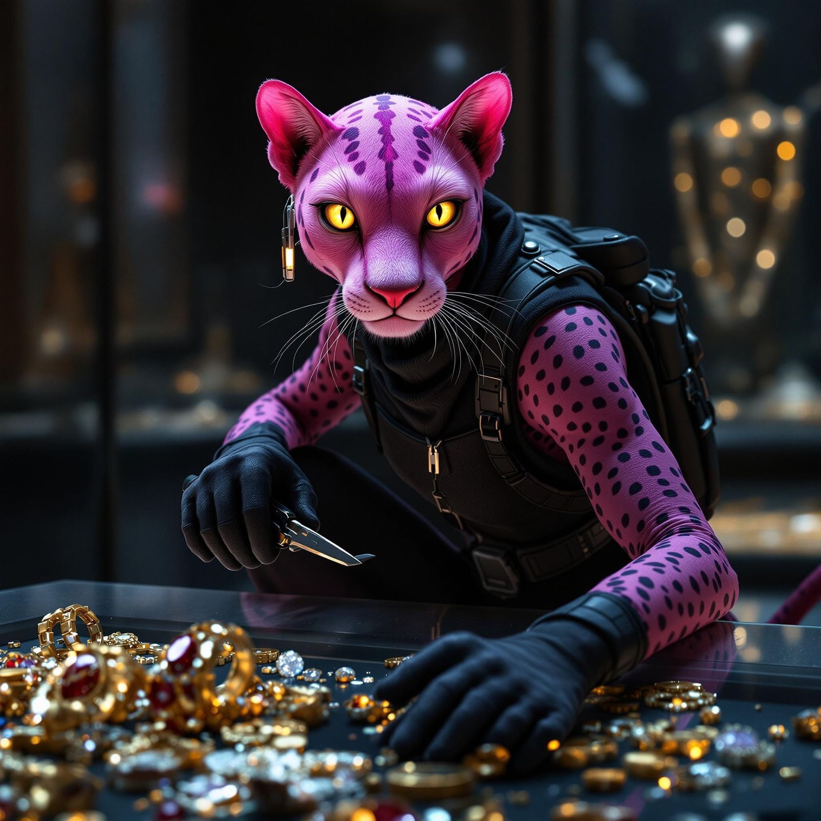 Sleek Pink Panther Thief Prepares Heist in Darkened Museum