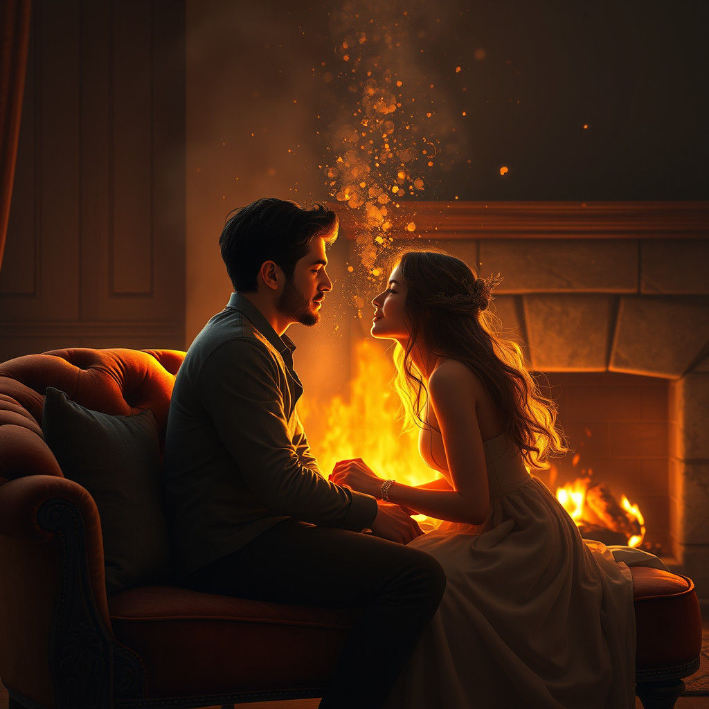 Romantic Couple by Fireplace in Dreamlike Scene