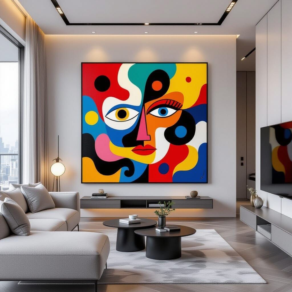 Miro-Style Abstract Painting in Ultra-Modern Living Room