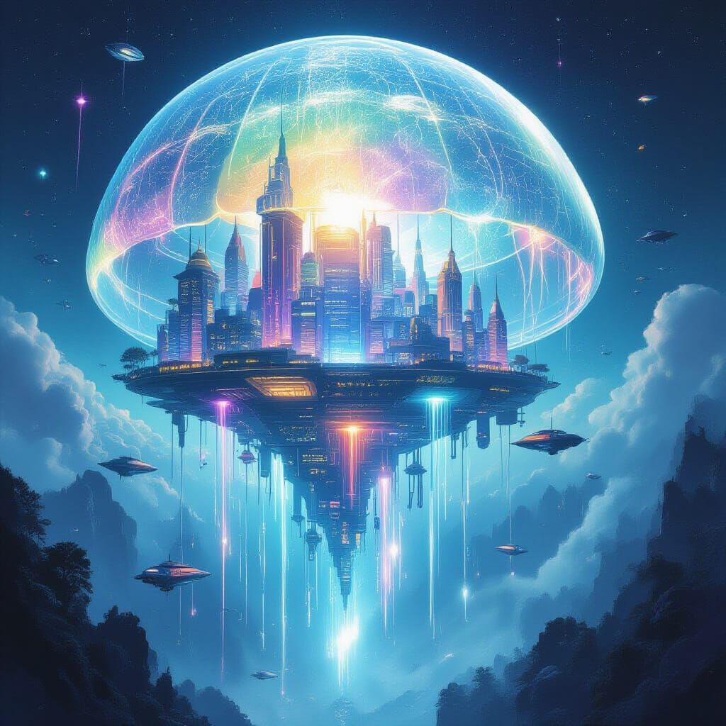 Futuristic City Inside a Bioluminescent Jellyfish