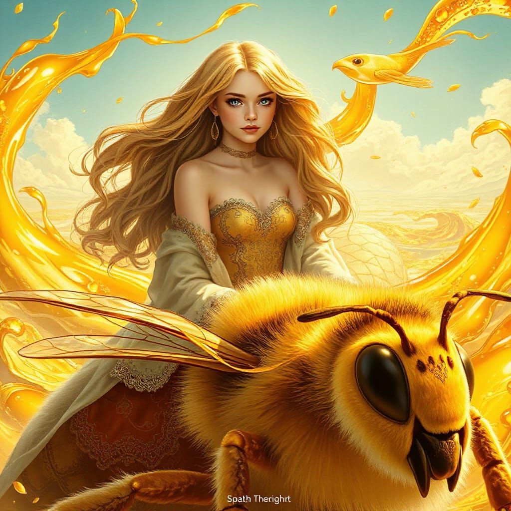 Woman on Giant Bee in Honey Ocean