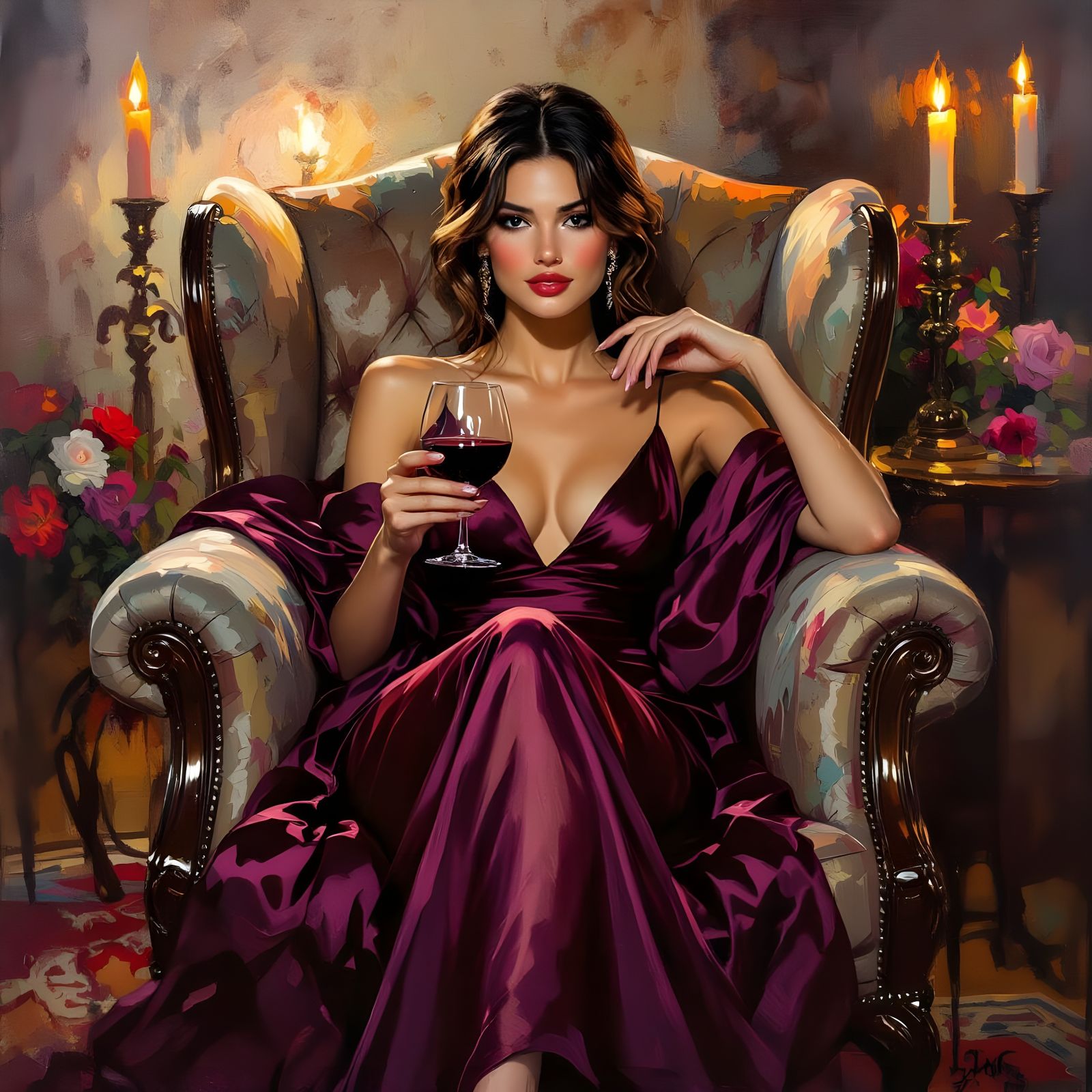 Elegant Woman with Wine in Candlelit Room