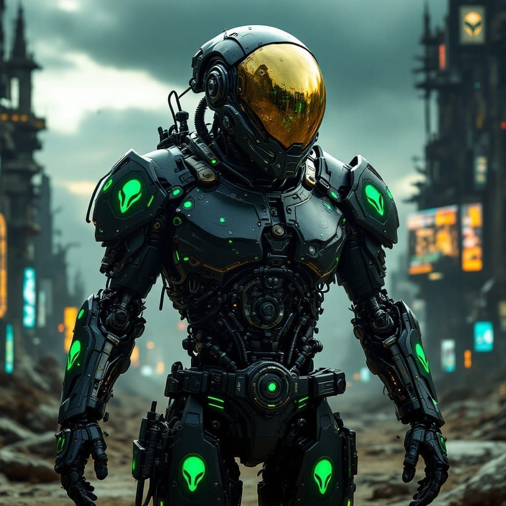 Cybernetic Warrior in Ruined Cityscape