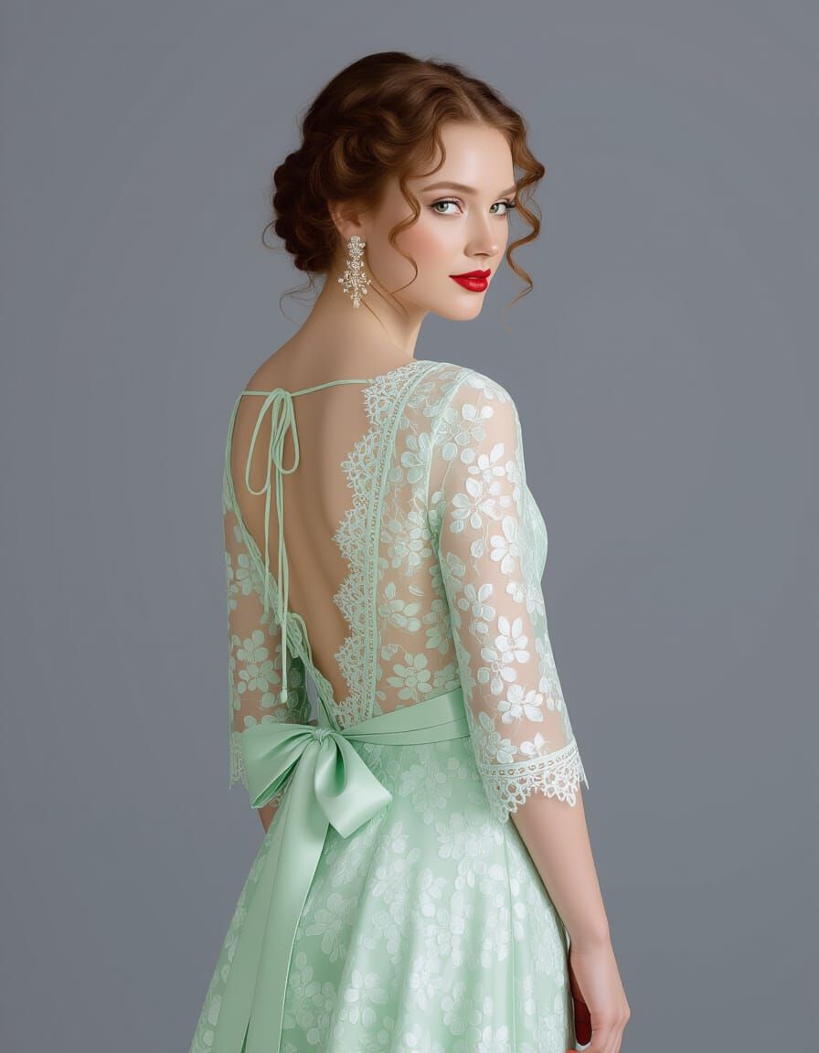 Elegant Young Woman in Green Lace Dress