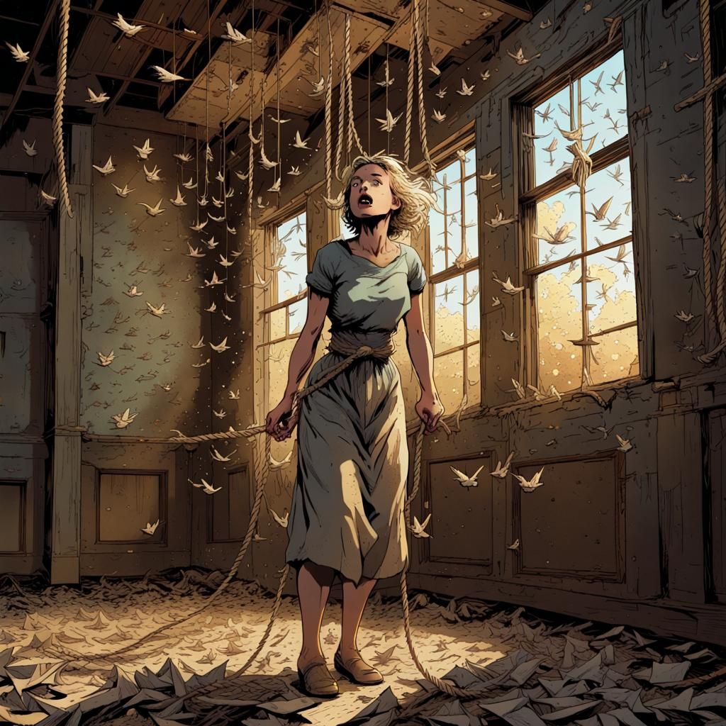 Distressed Paper Woman Dismantled by Birds: Comic Art