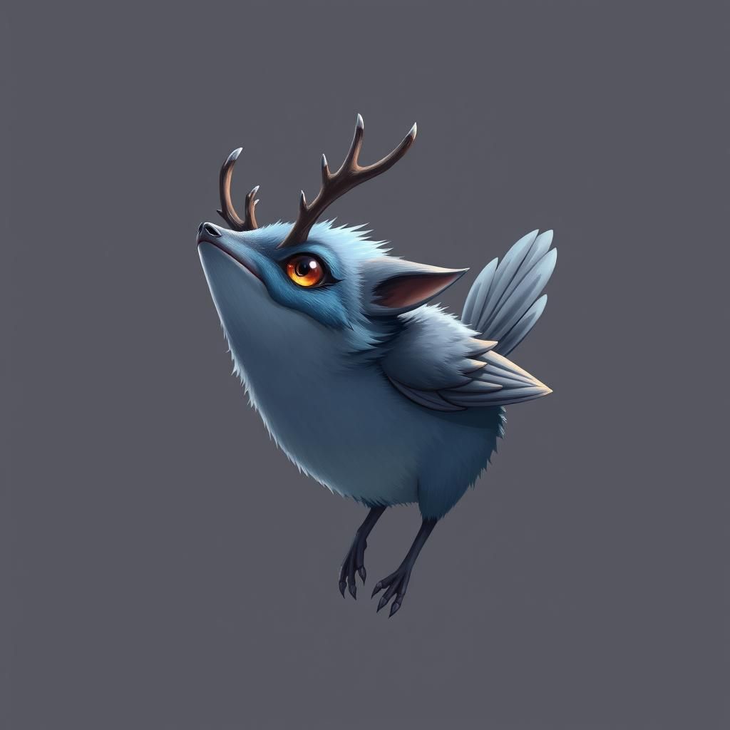 This animal has short drab blue fur and has a body shaped like a sparrow's. Its face resembles that of a dog and its ey...