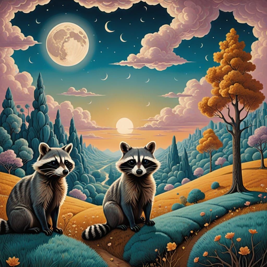 Surreal Raccoon Landscape in Pastel Colors