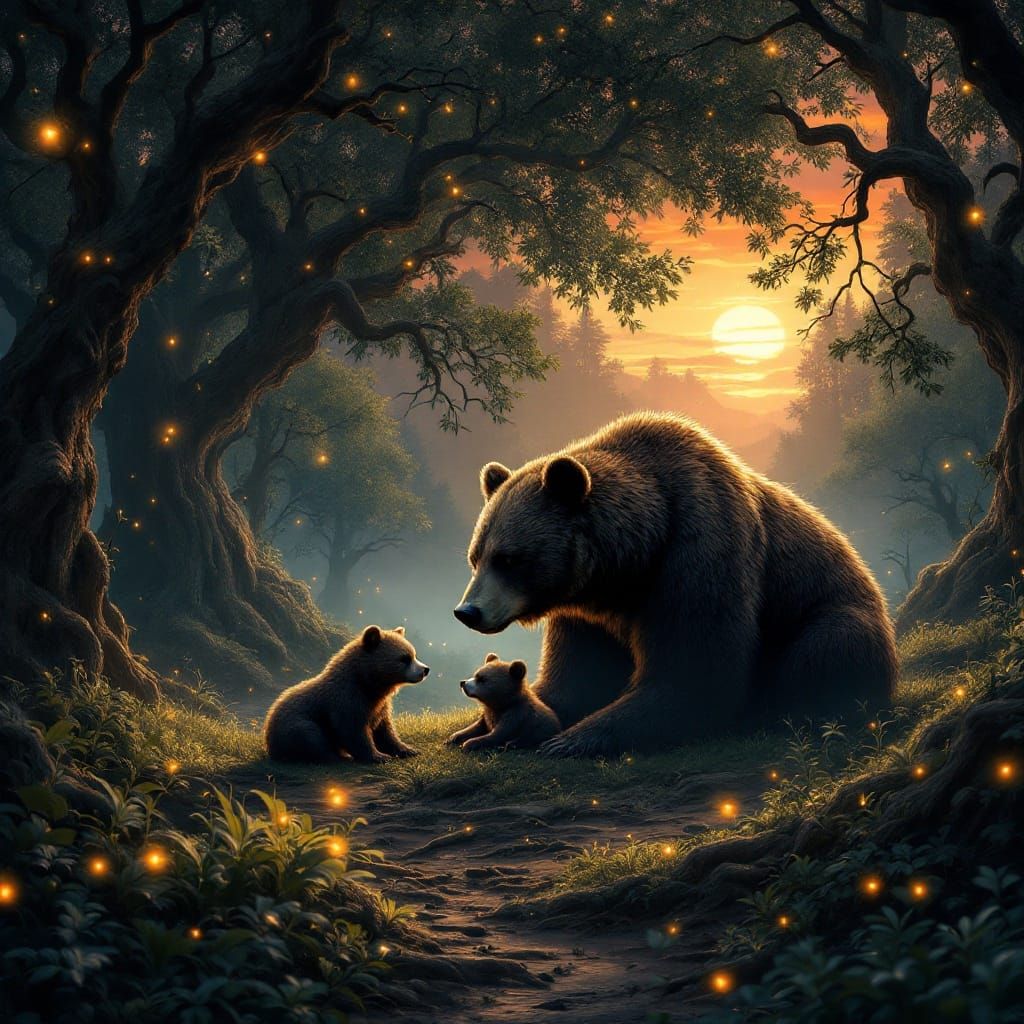Bear Family in Mystical Forest: Matte Painting
